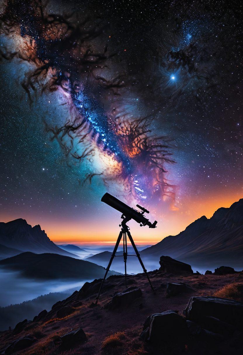 A stunning cosmic scene featuring a swirling galaxy full of vibrant colors, with bright stars and nebulae illuminating the dark expanse of space. Include a silhouette of a telescope on a distant hill gazing towards the cosmos, symbolizing exploration and discovery. In the foreground, overlay faint diagrams of key cosmological concepts like black holes and supernovae, enhancing the theme of scientific inquiry. super-realistic. vibrant colors. 3D.