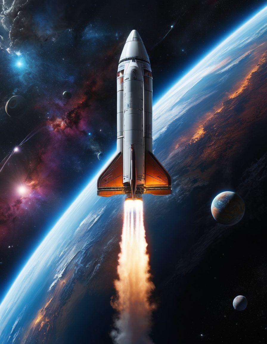 A futuristic rocket soaring through a star-filled galaxy, with vibrant planets and swirling nebulas in the background. A digital display of advanced technology interfaces can be seen floating next to the rocket, showcasing human innovation in space travel. The scene captures the collision of nature and technology, symbolizing exploration and discovery. super-realistic. vibrant colors.